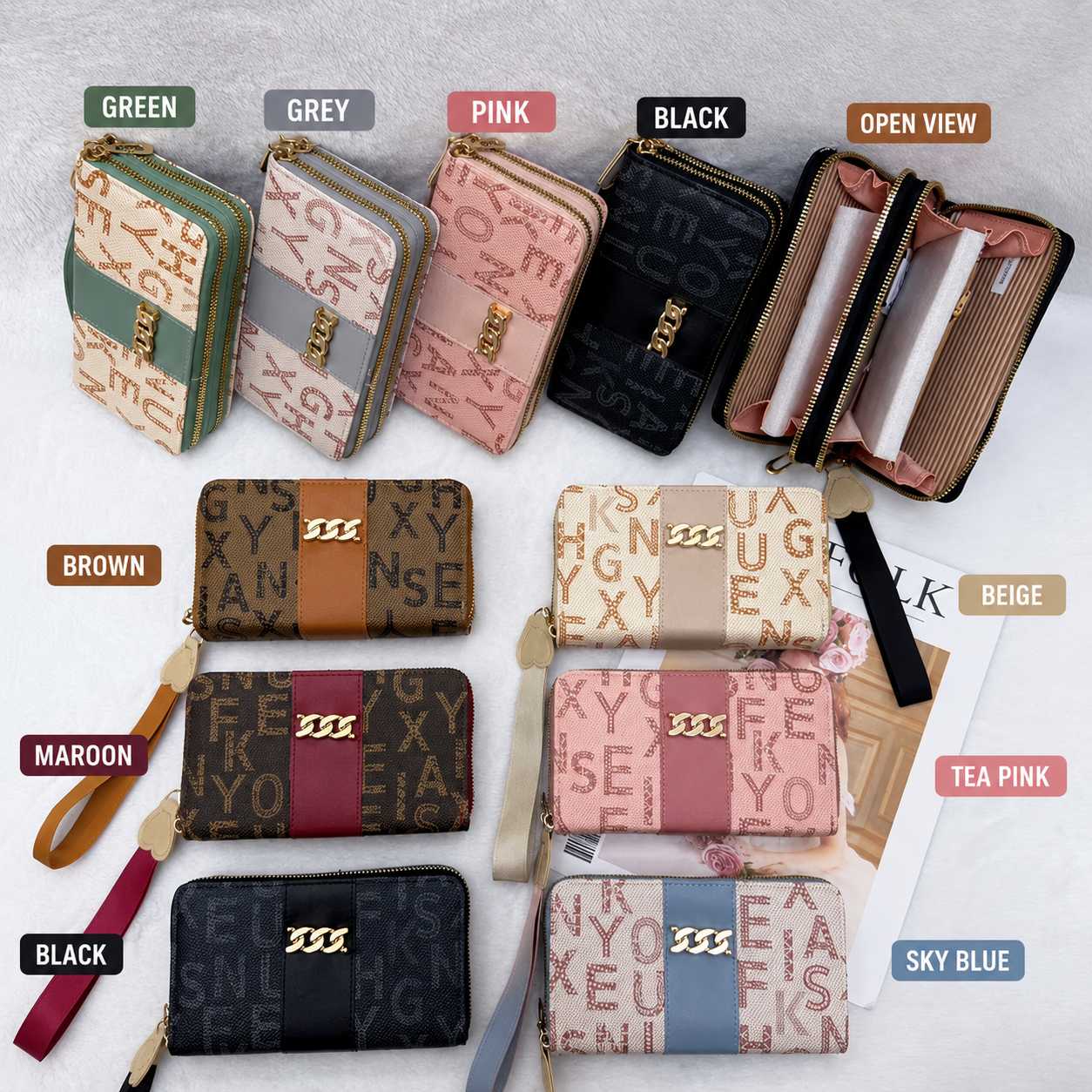 Stylish Ladies Double-Zip Wallet – Premium Printed Design, Multiple Compartments & Elegant Hand Strap- beige